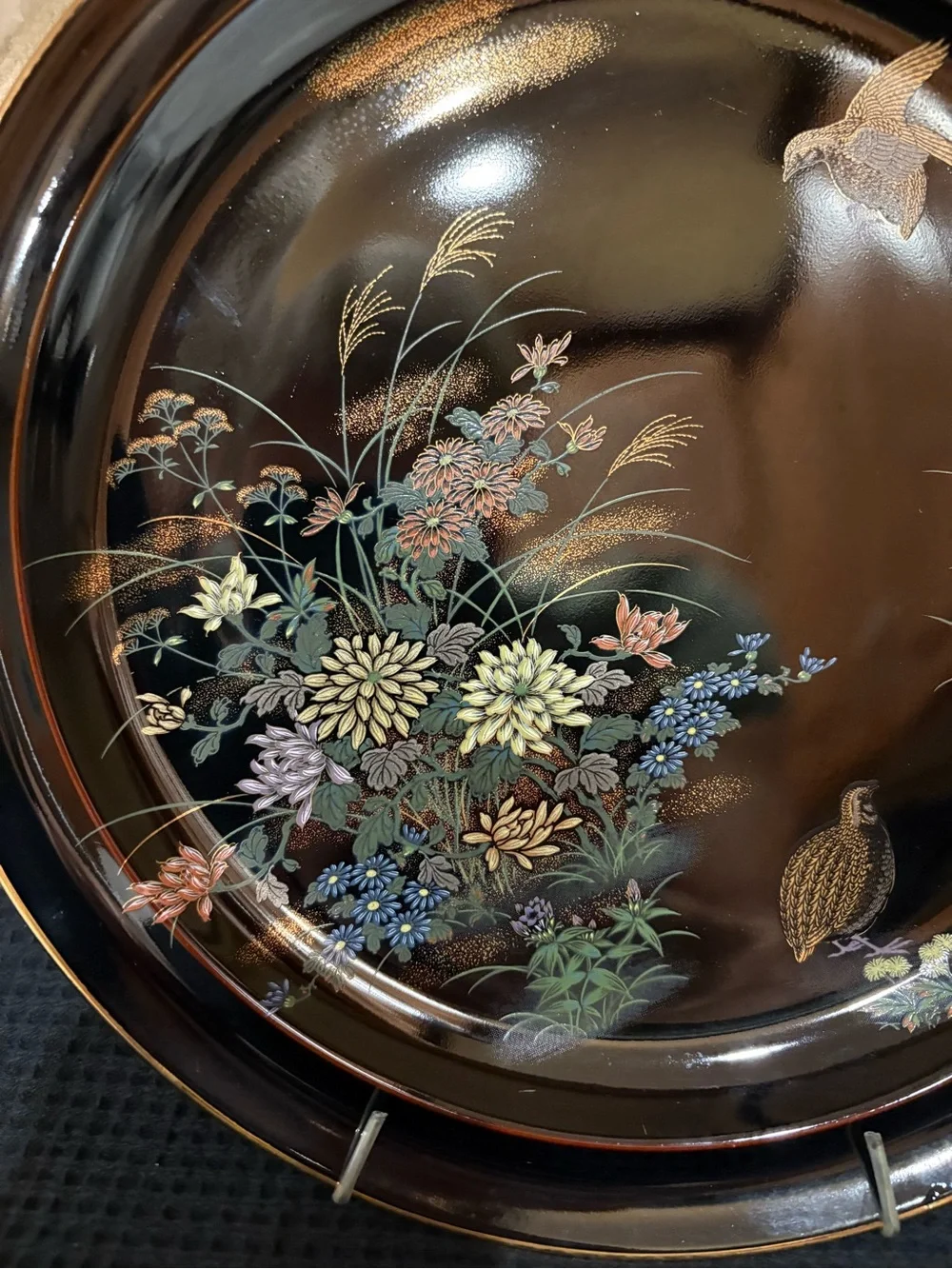 Vintage Yamaji Japan Black Floral Design Birds Porcelain Plate